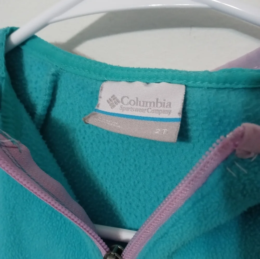 Columbia Girl's 2T Full Zip Aqua w pink trim long sleeve hooded fleece jacket